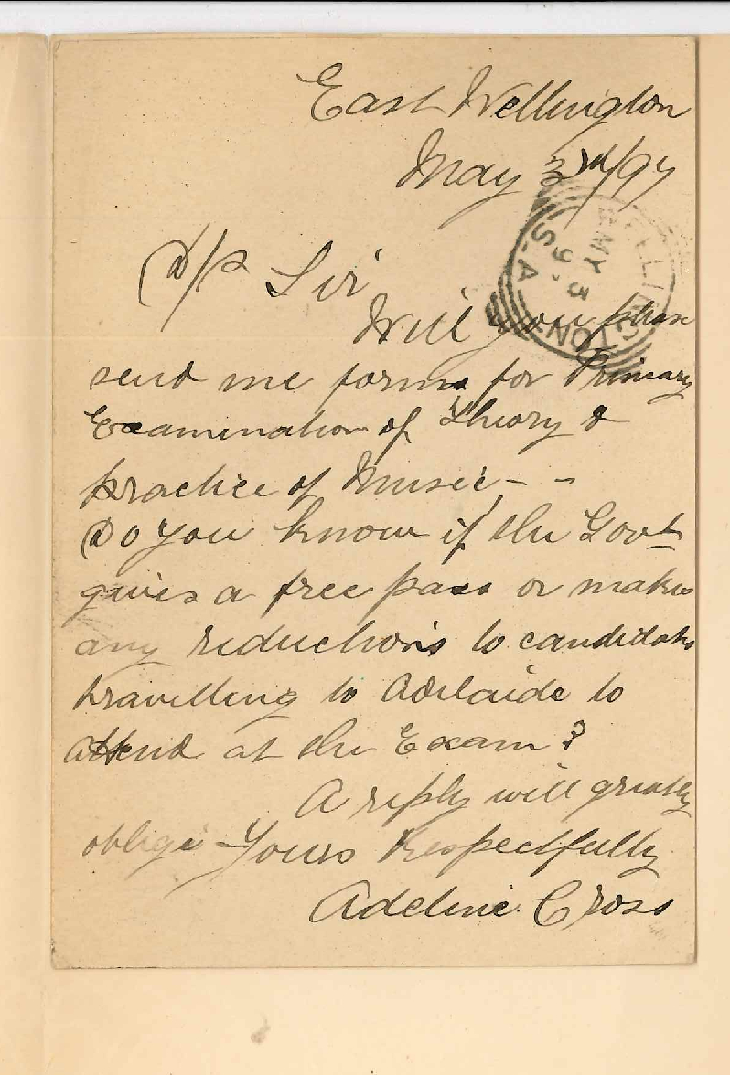 Adeline Cross - East Wellington - Request for forms for Primary Exam in Music and information regarding reductions in Railway fare