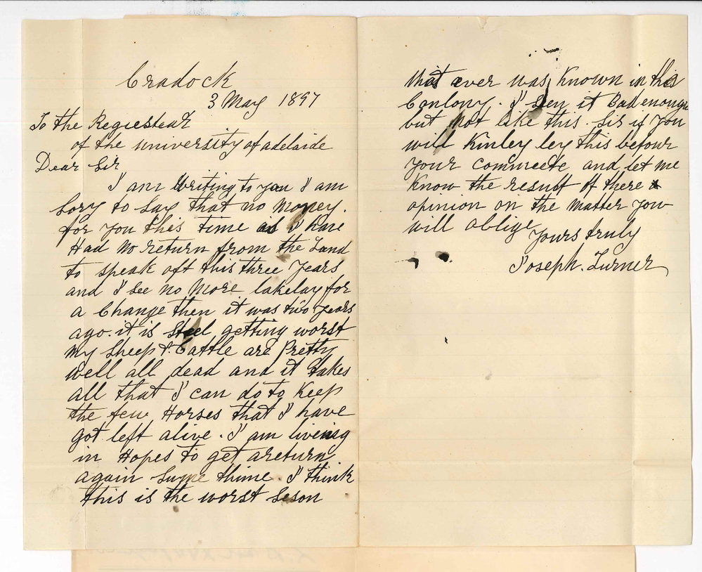 Joseph Turner - Cradock - Concerning University lands inability to pay rent