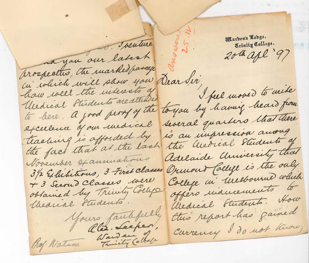 Alexander Leeper - Warden's Lodge Trinity College Melbourne - Inducements to Medical Students