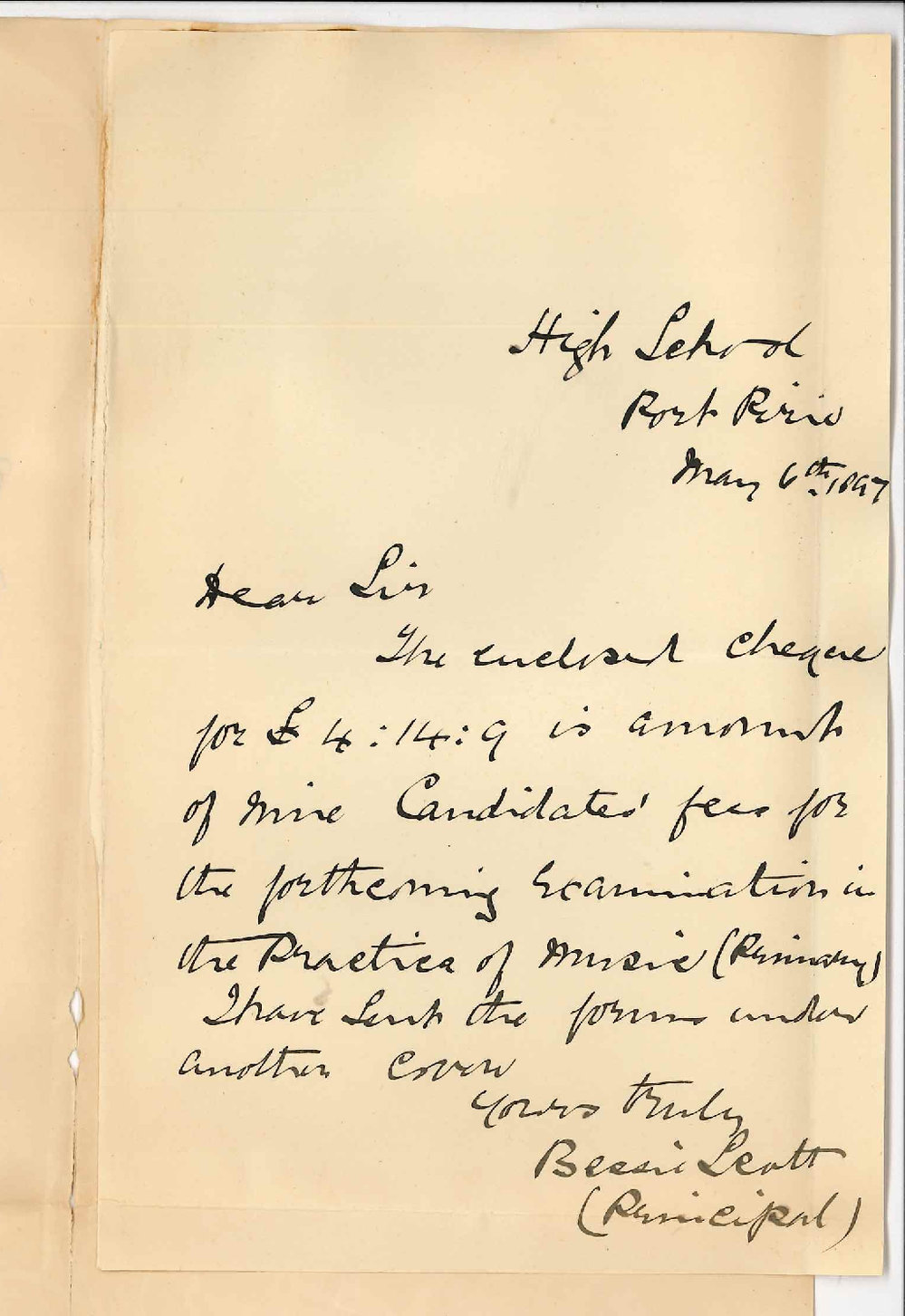 Miss Bessie Scott - High School - Port Pirie - Enclosing cheque for Primary Exam Entries