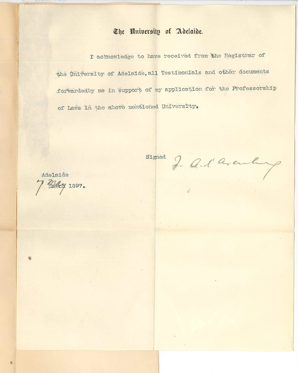 Frederick Augustus d'Arenberg - Adelaide - Acknowledging return of testimonials