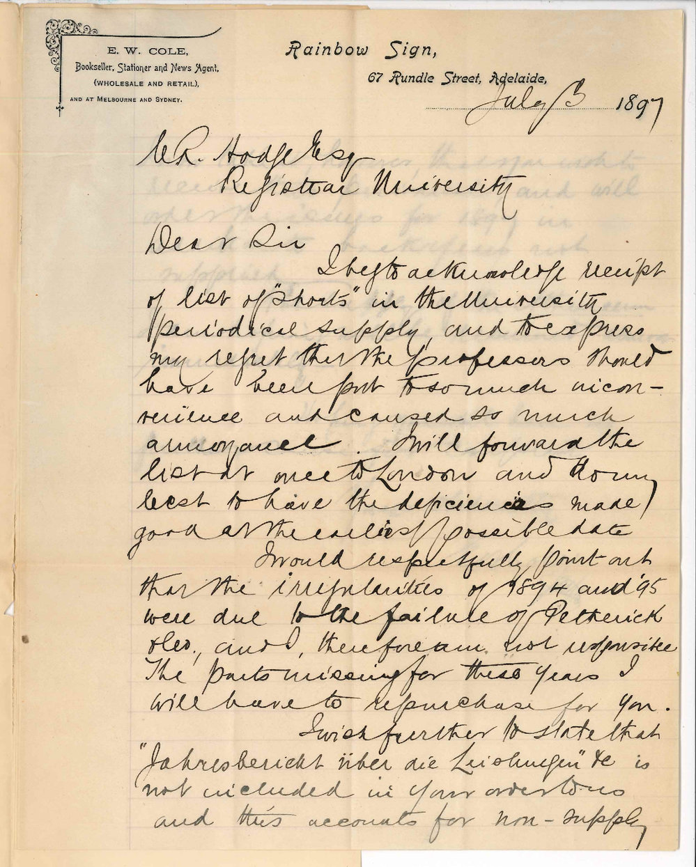 E W Cole - Bookseller Stationer and News Agent - Adelaide - Regarding Periodicals