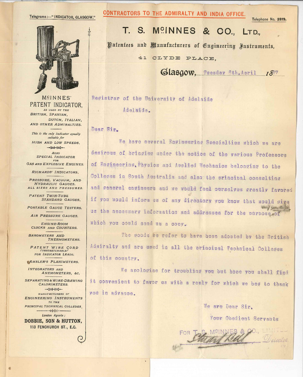 Stuart Bell - T S McInnes and Company Limited - 41 Clyde Place Glasgow - Information re Colleges of South Australia