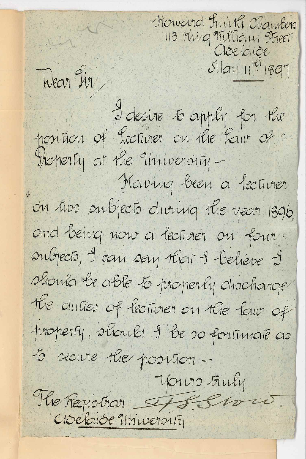 Francis Leslie Stow - Howard Smith Chambers - Adelaide - Application for position of Lecturer on Law of Property
