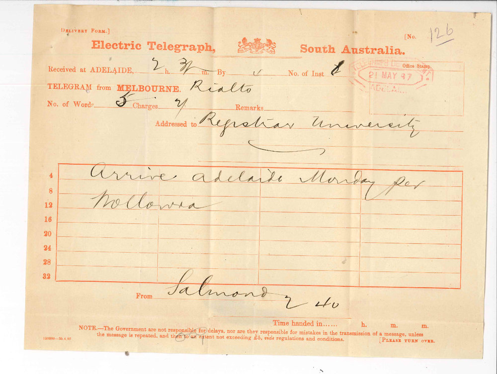 John William Salmond - Temuka - Announcing probable time of arrival in Adelaide