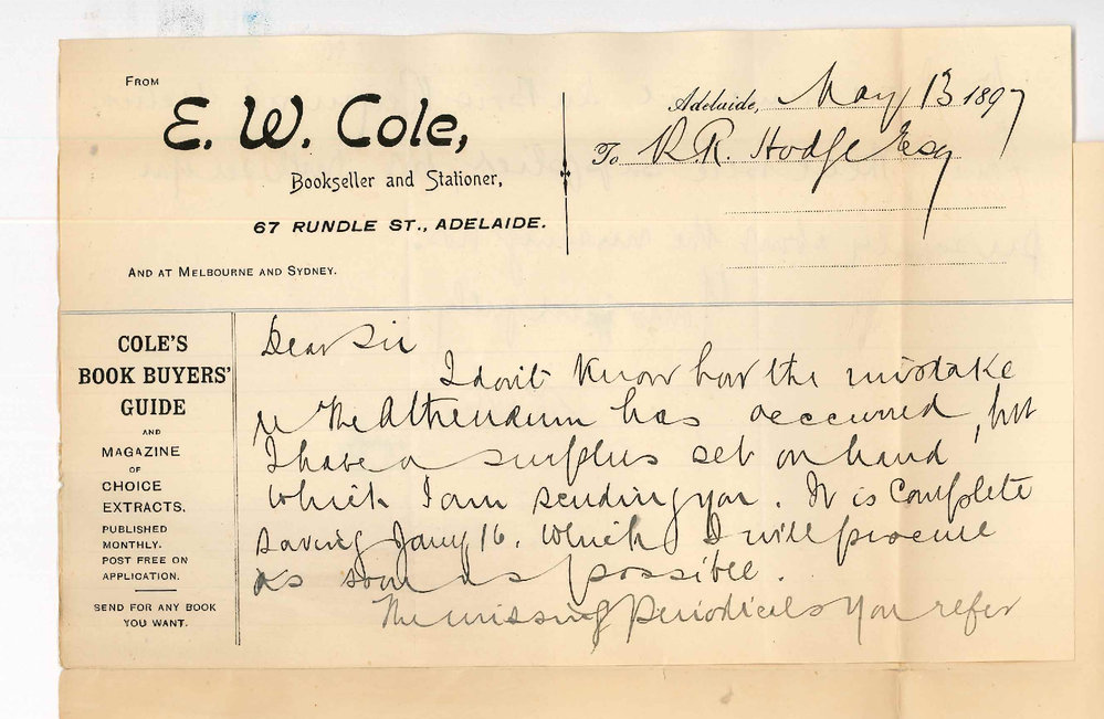 E W Cole - Bookseller Stationer and News Agent - Adelaide - Re Periodicals