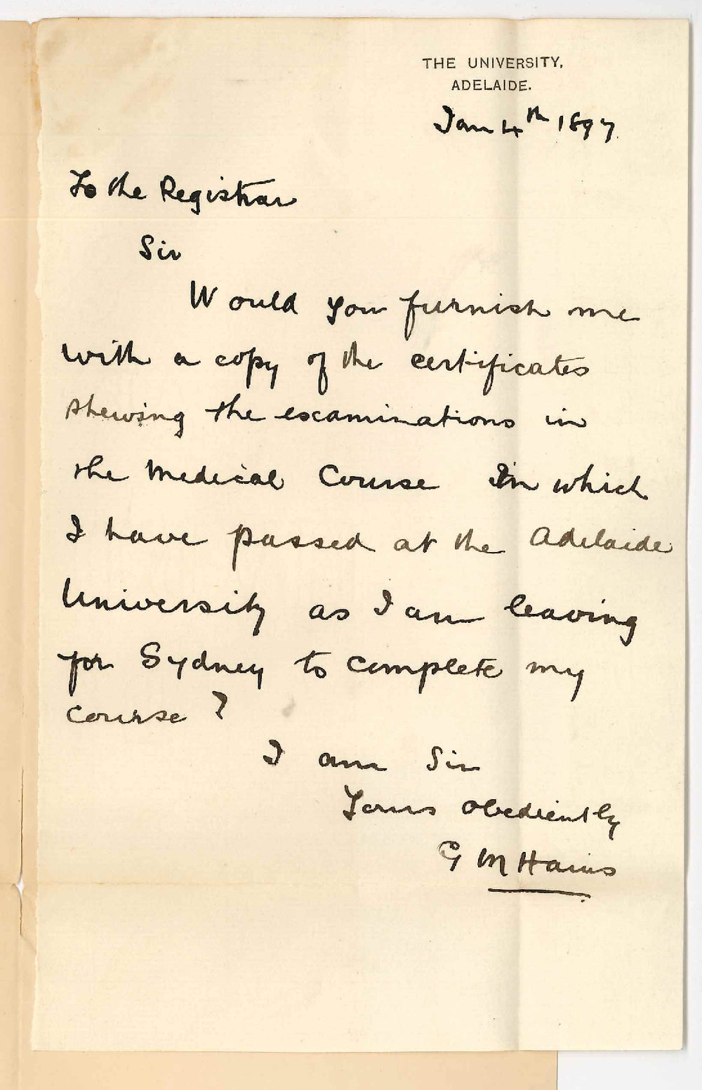 G M Hains - Requesting certificates for MB course