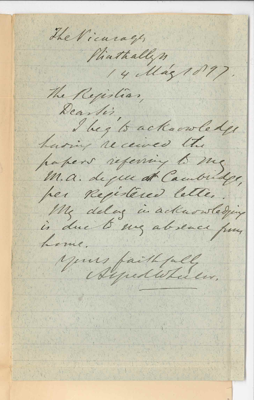 Reverend Alfred Wheeler - Strathalbyn - Acknowledging return of testimonials