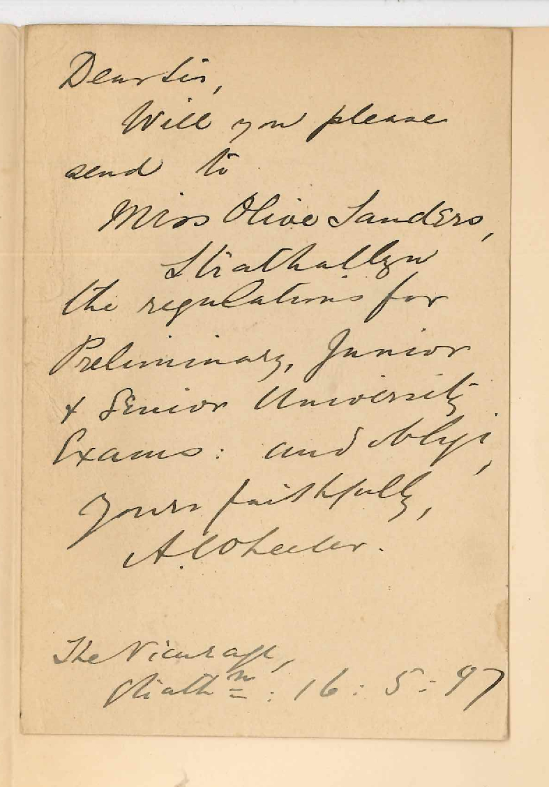 Reverend A Wheeler - Strathalbyn - Request for Preliminary Pamphlet to be sent to Miss Olive Sanders