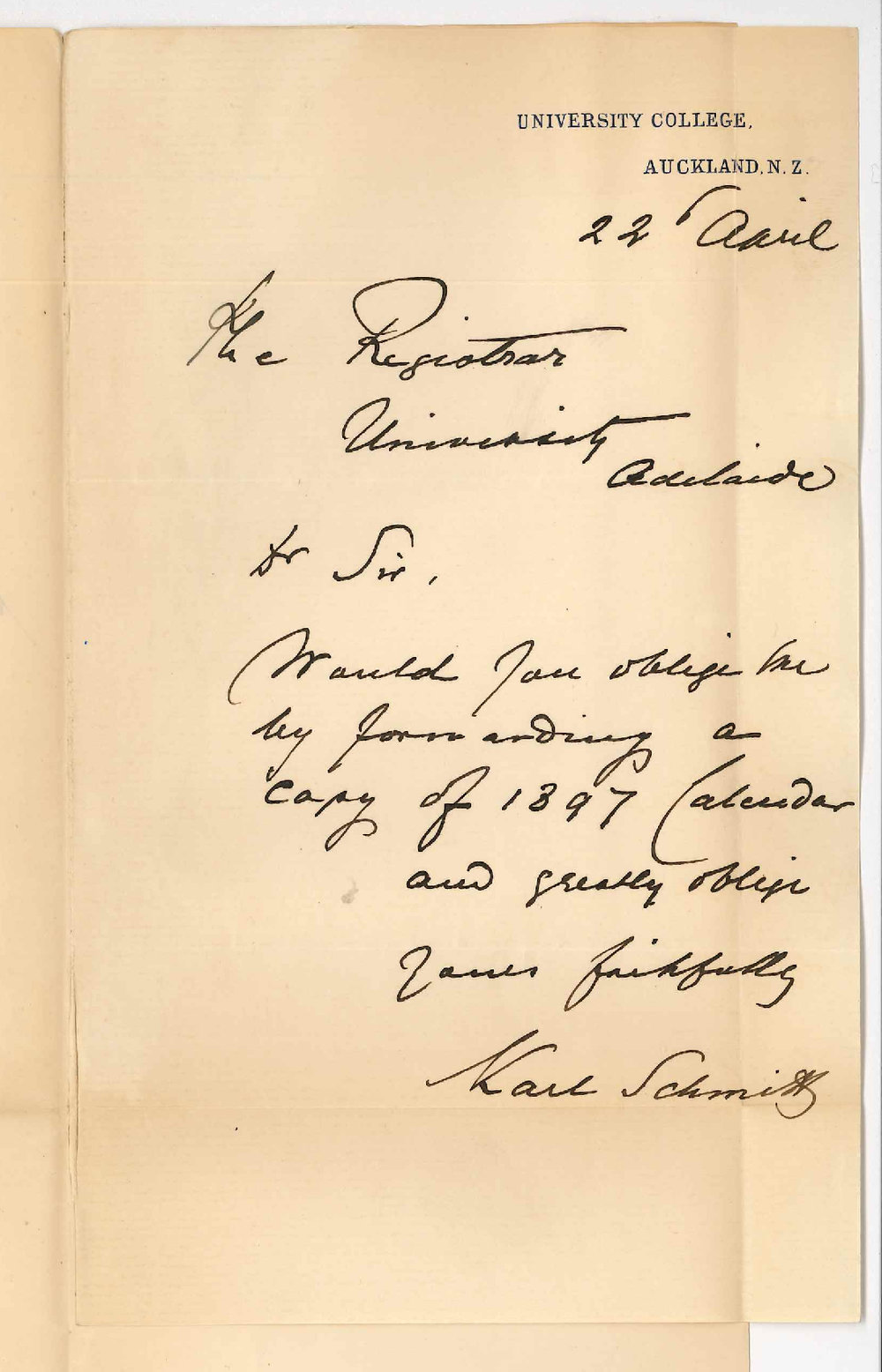 Karl Schmitt - University College - Auckland New Zealand - Request for Calendar