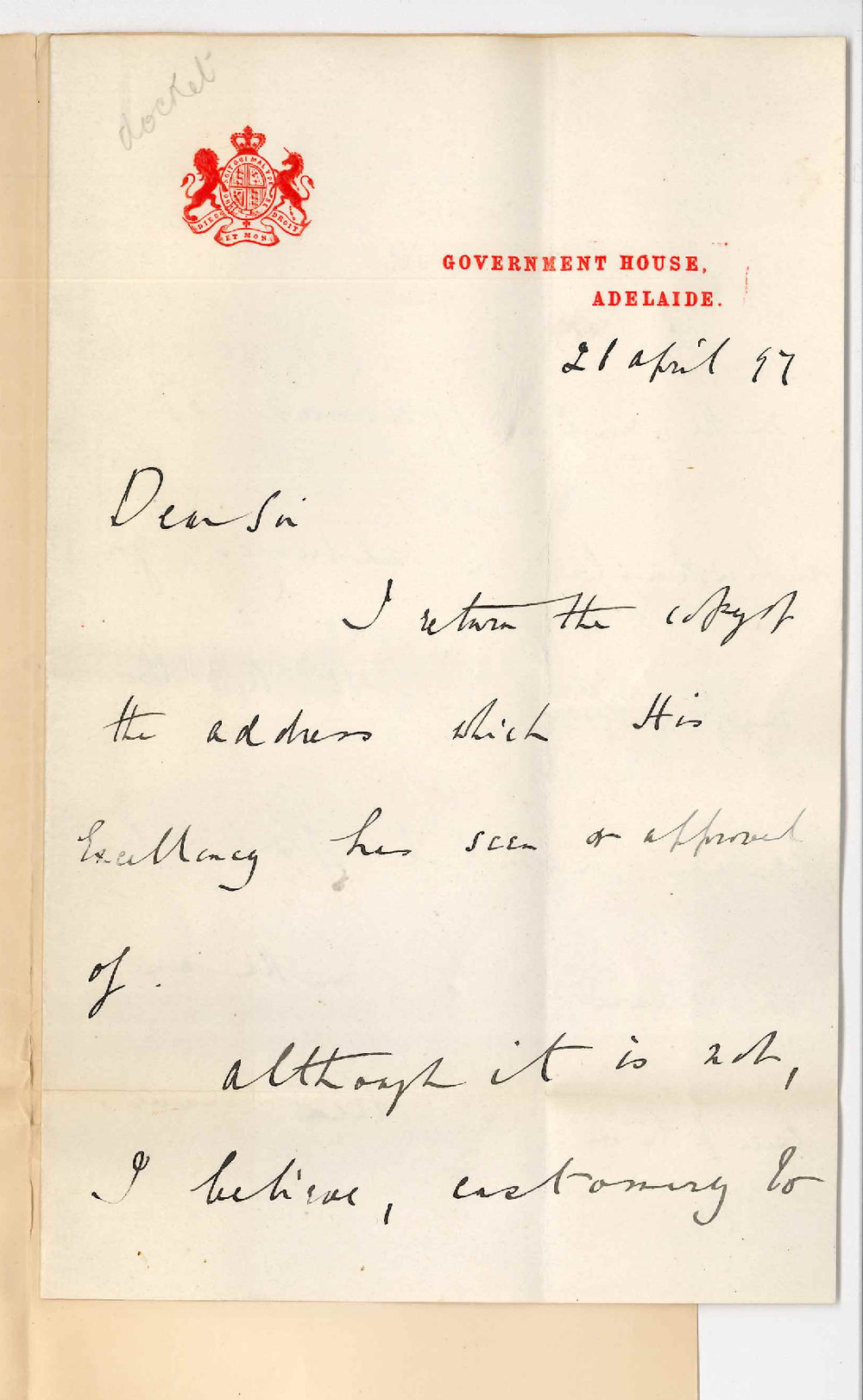 Edward William Wallington - Private Secretary - Government House - Approval of address to the Queen