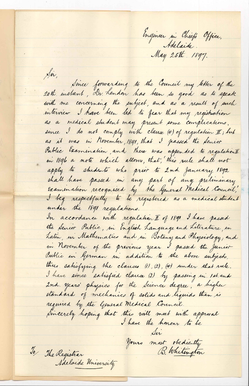 Bertram Whitington - Engineer in Chiefs Office - Request to be registered as a Medical Student under 1891 Regulations