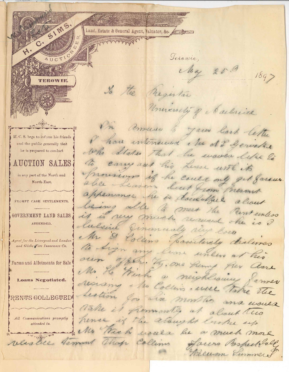 William Summers - Terowie - Regarding Tenants on University lands