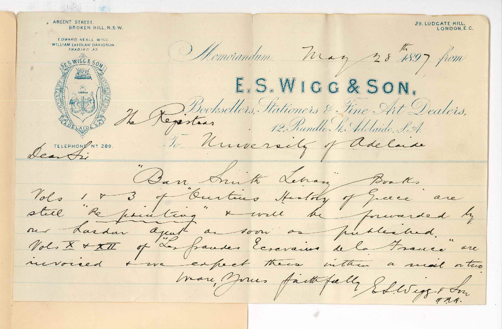 E S Wigg and Son - Adelaide - Re Books for Barr Smith Library