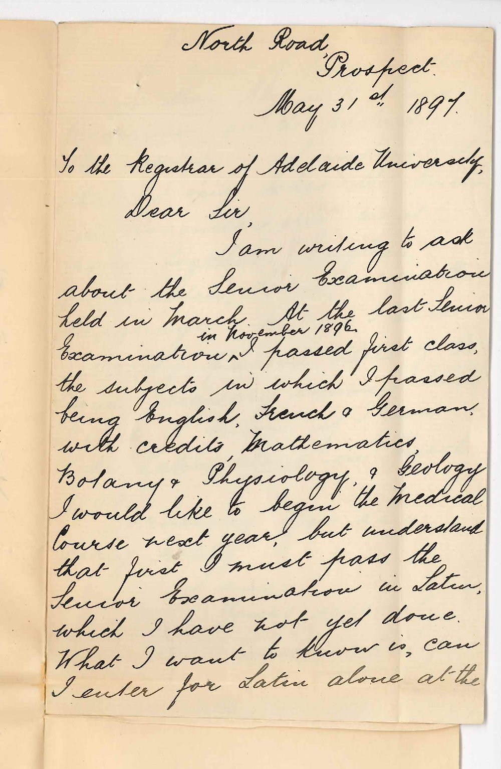 Constance M Cooper - North Road Prospect - Regarding Admission as Medical Student