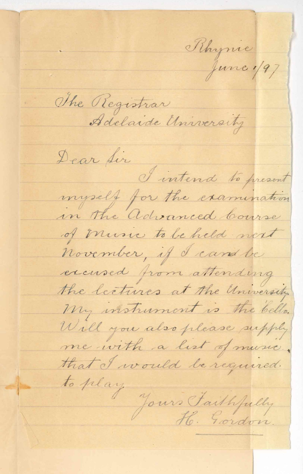 Harold Gordon - Rhynie - Asking for exemption from lectures of Advanced Course of Music