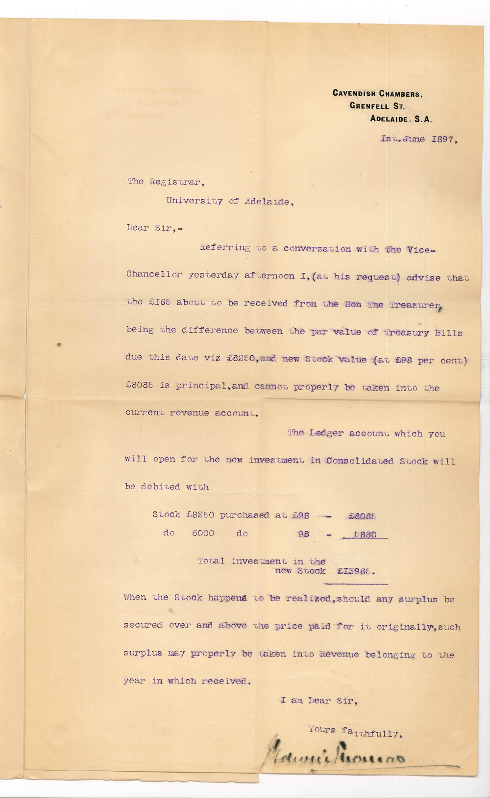 J Edwin Thomas - Adelaide - Advice regarding &pound;8250 Stocks how to treat account in Ledger