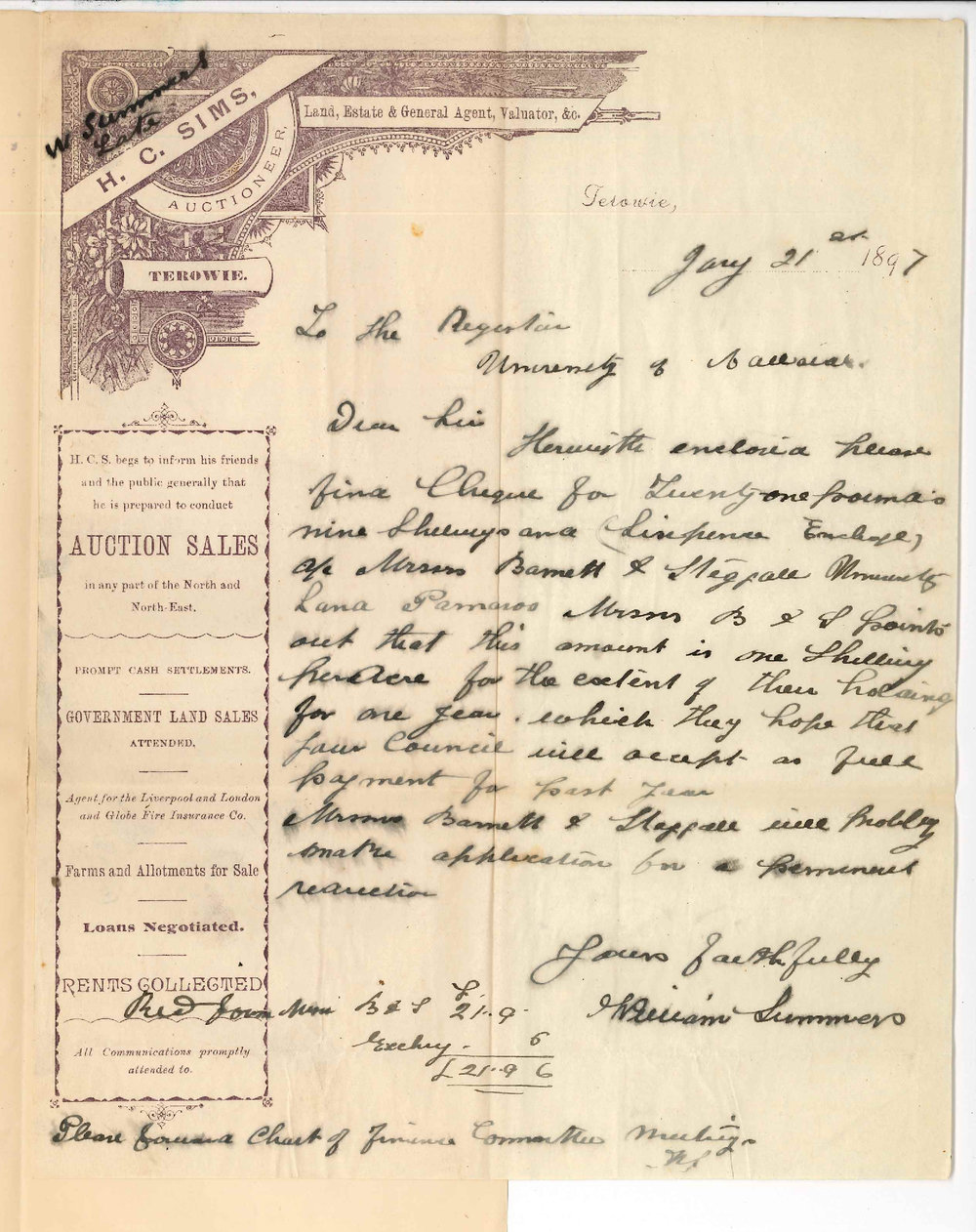 W Summers - Terowie - Forwarding cheque &pound;21 Bennett and Stegall