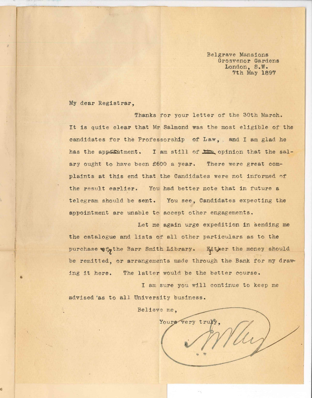 Samuel James Way - Belgrave Mansions Grosvenor Gardens S W London - Re appointment of Professor of Laws - List of Books