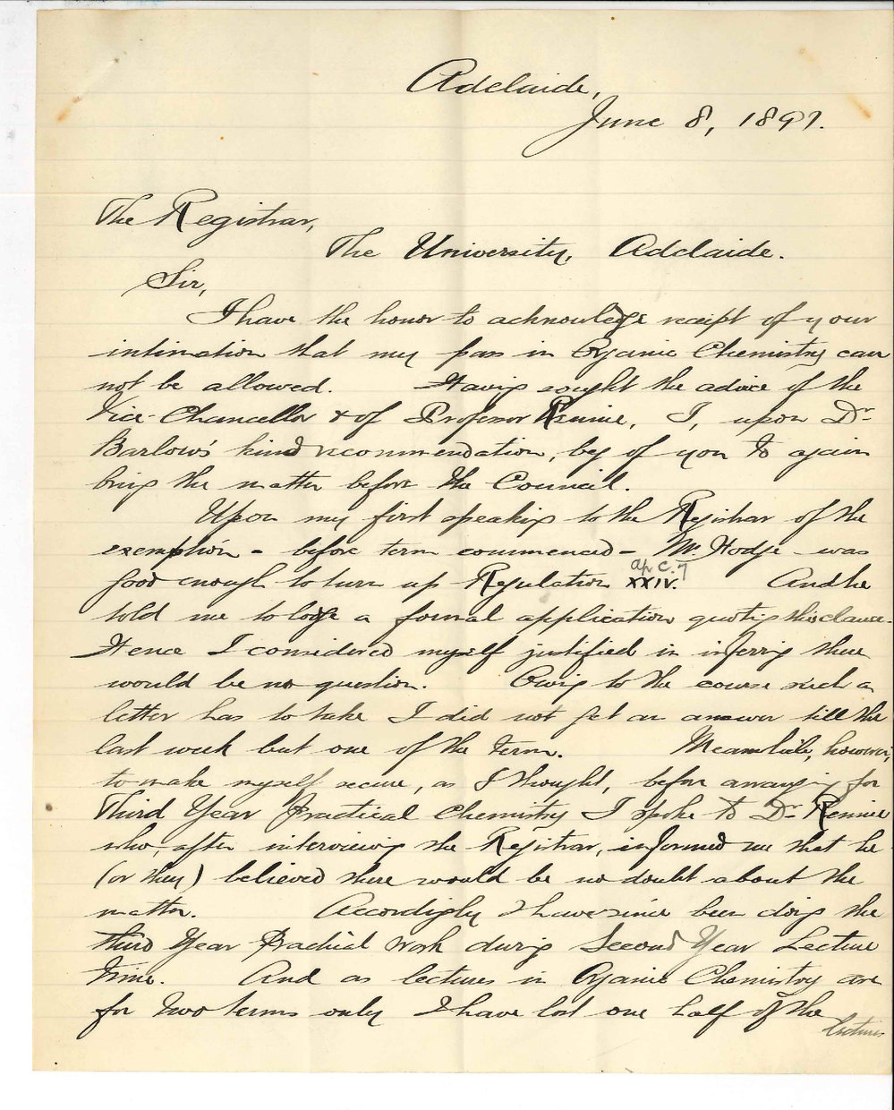 Harry Charles Rickard Bell - The University - Request for Exemption from lectures in Organic Chemistry
