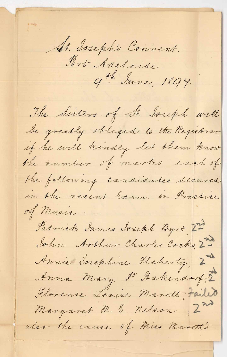 St Josephs Convent - Port Adelaide - Information re Primary Exam results