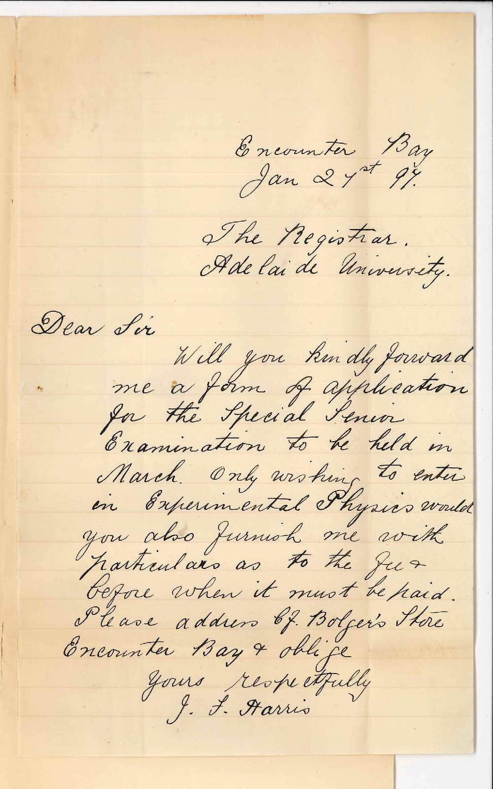 James Frederick Harris - Encounter Bay - Particulars re Senior Public in March 1897