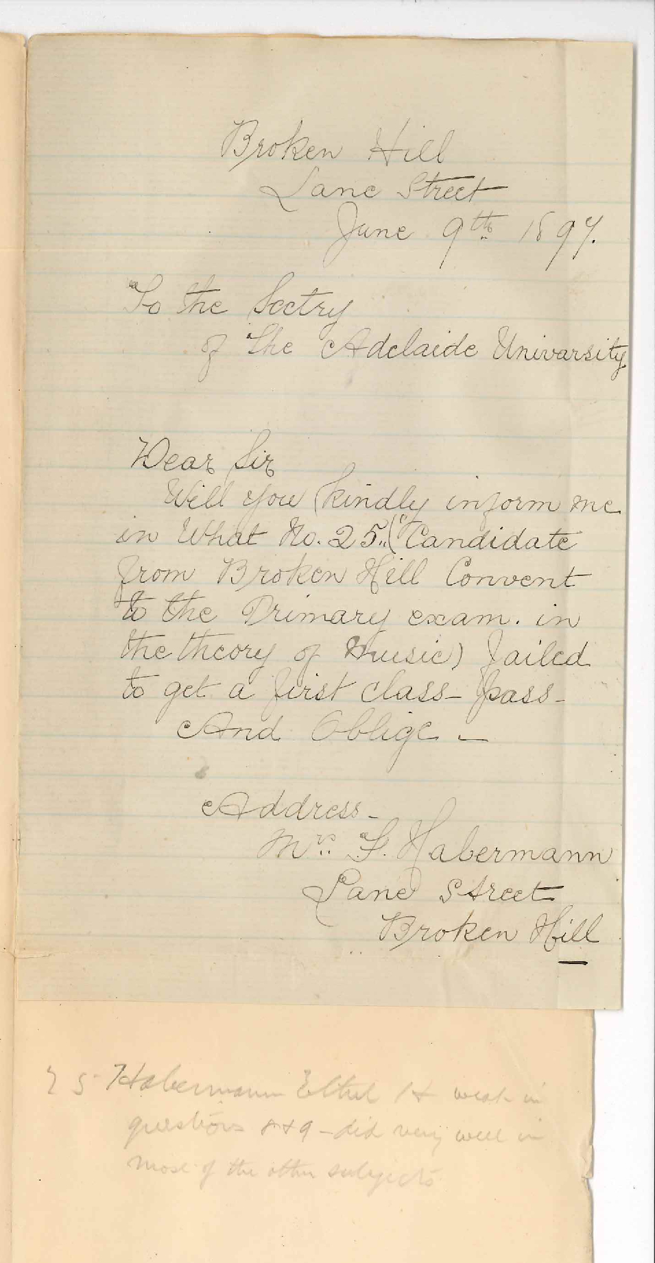 Mrs F Habermann - Broken Hill - Asking why No 25 did not get a first Class Pass