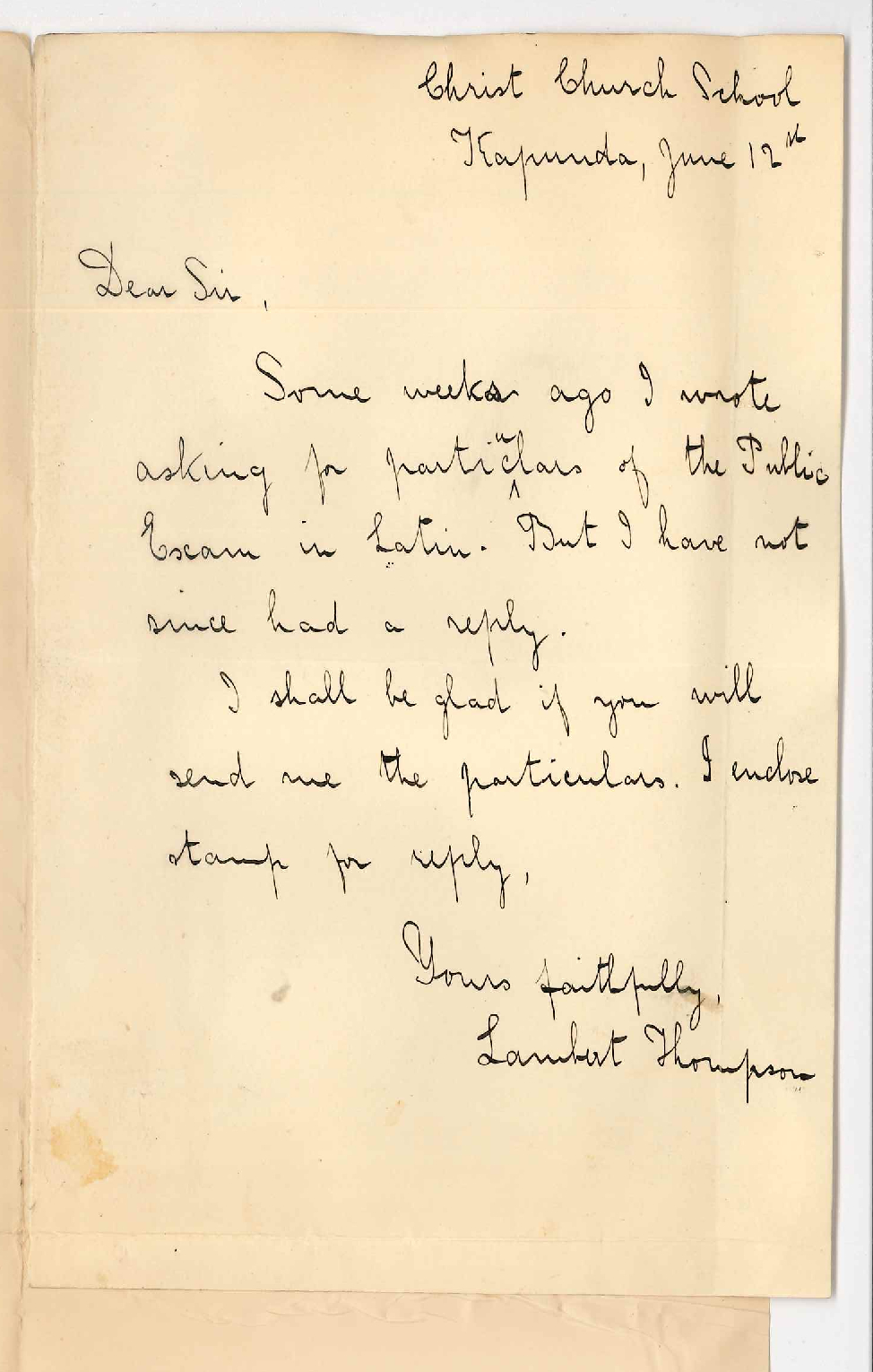 Lambert Thompson - Kapunda - Particulars of Public Exam in Latin