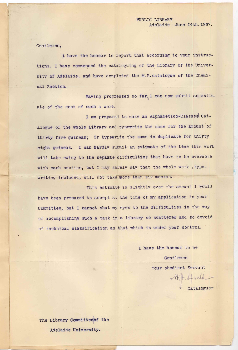 William Herbert Ifould - Adelaide - Re Cataloguing the Library