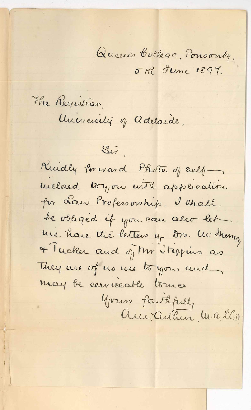 A McArthur MA LLD - Queens College - Ponsonby New Zealand - Request for Photo and letters