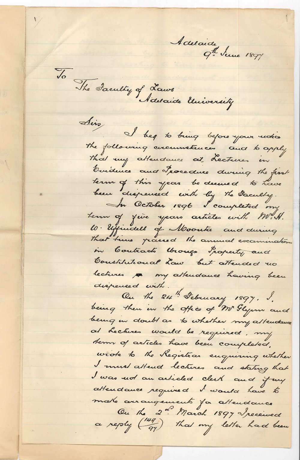 Percy Hague - Adelaide - Exemption from first term lectures Evidence and Procedure requested