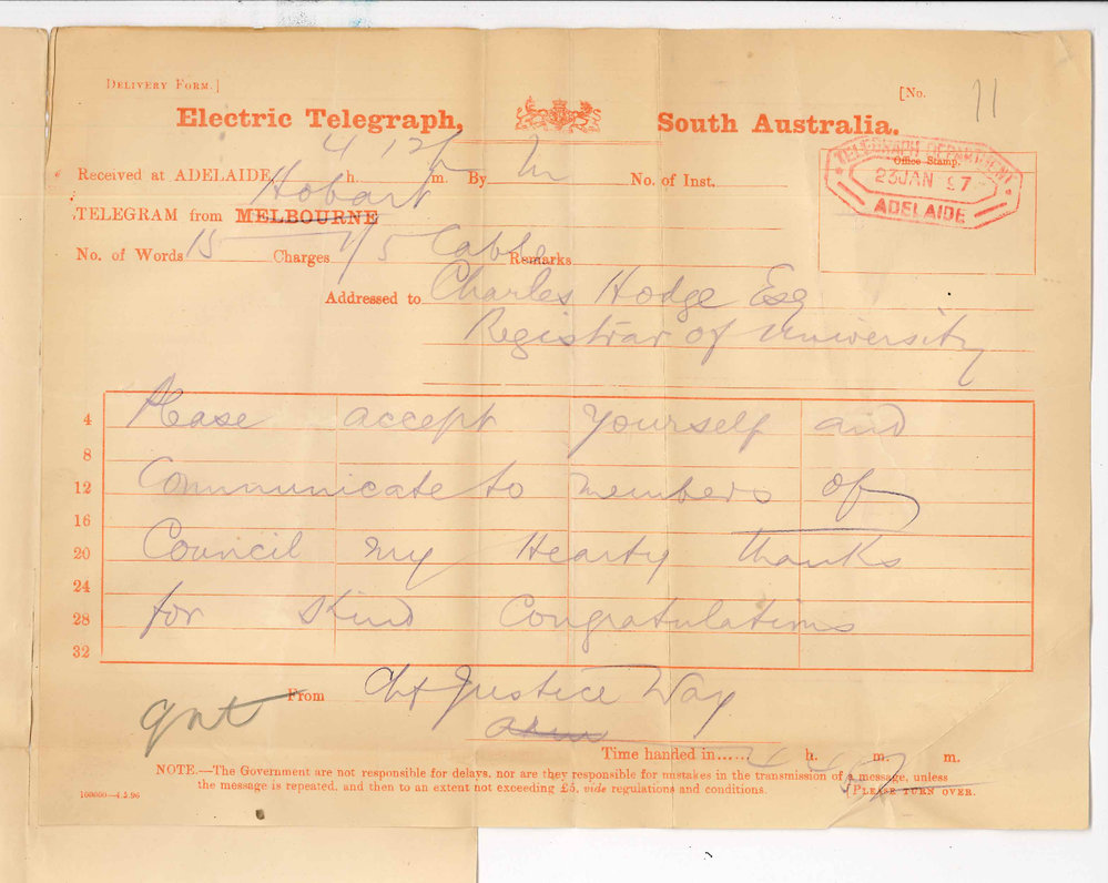 His Honour The Chief Justice Samuel Way - Thanks for Congratulations