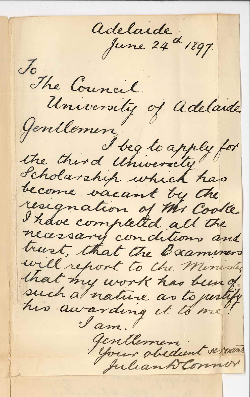 Julian Dove Connor - Adelaide - Application for vacant Scholarship