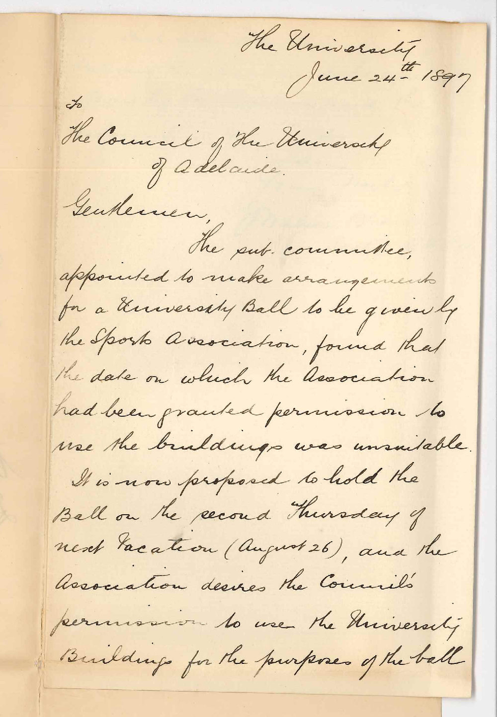 James Watson Brown - University Secretary - Adelaide University Sports Association - Permission to use the University Buildings for Ball