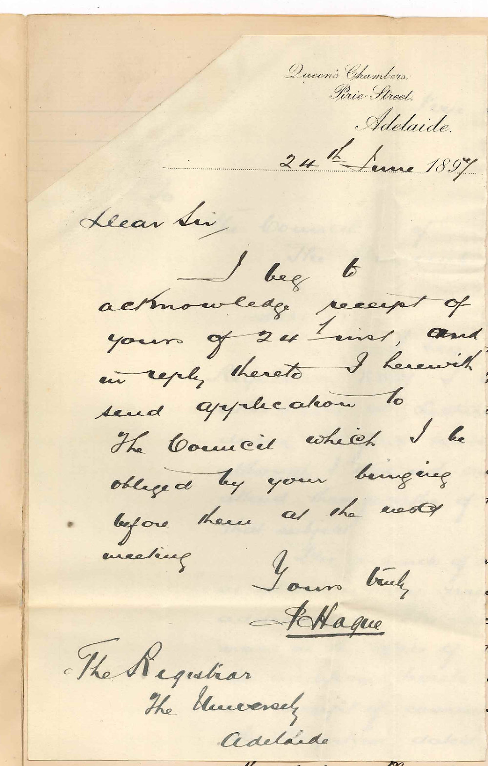 Percy Hague - Pirie Street Adelaide - Request to be credited with attendance at Lectures on Procedure during first Term