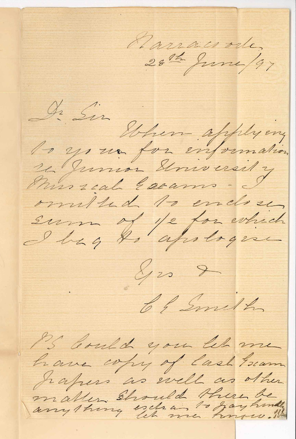 Miss C E Smith - Naracoorte - Request for Music Bachelor pamphlet