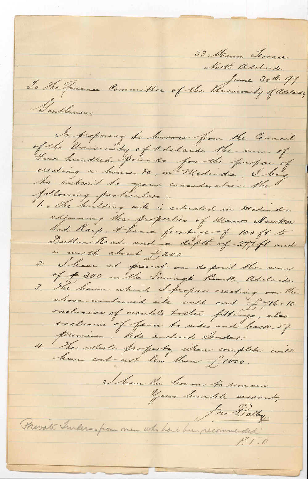 John Dalby - North Adelaide - Application for loan of &pound;500