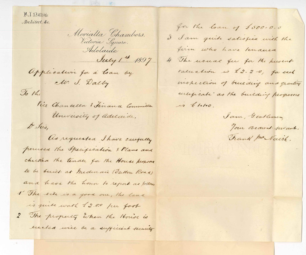 Frank John Naish - Morialta Chambers Adelaide - Re application for loan by John Dalby