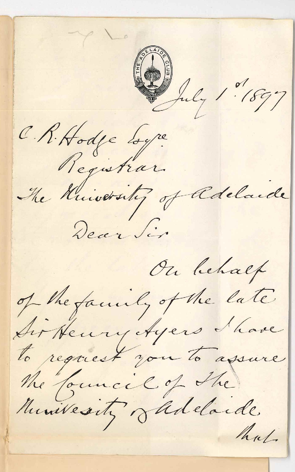 Frederick Ayers - Adelaide - Thanking Council for placing on record their grateful appreciation of Services rendered to the University by the late Sir Henry Ayers Glenelg
