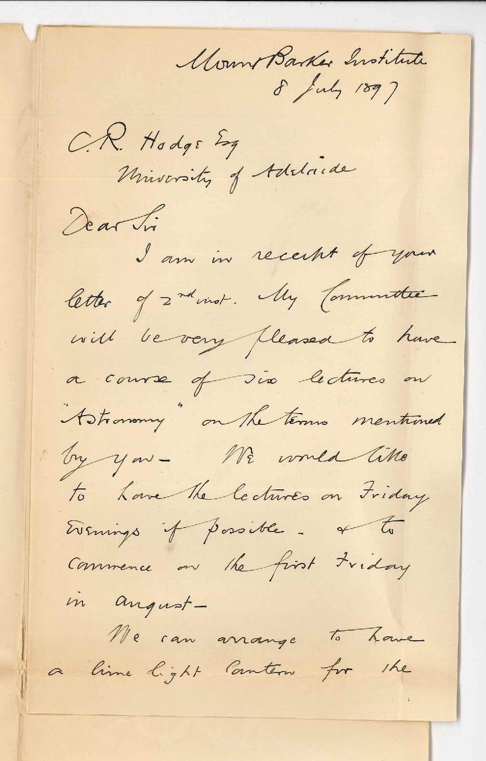 H P Moore - Mount Barker Institute - regarding extension lectures