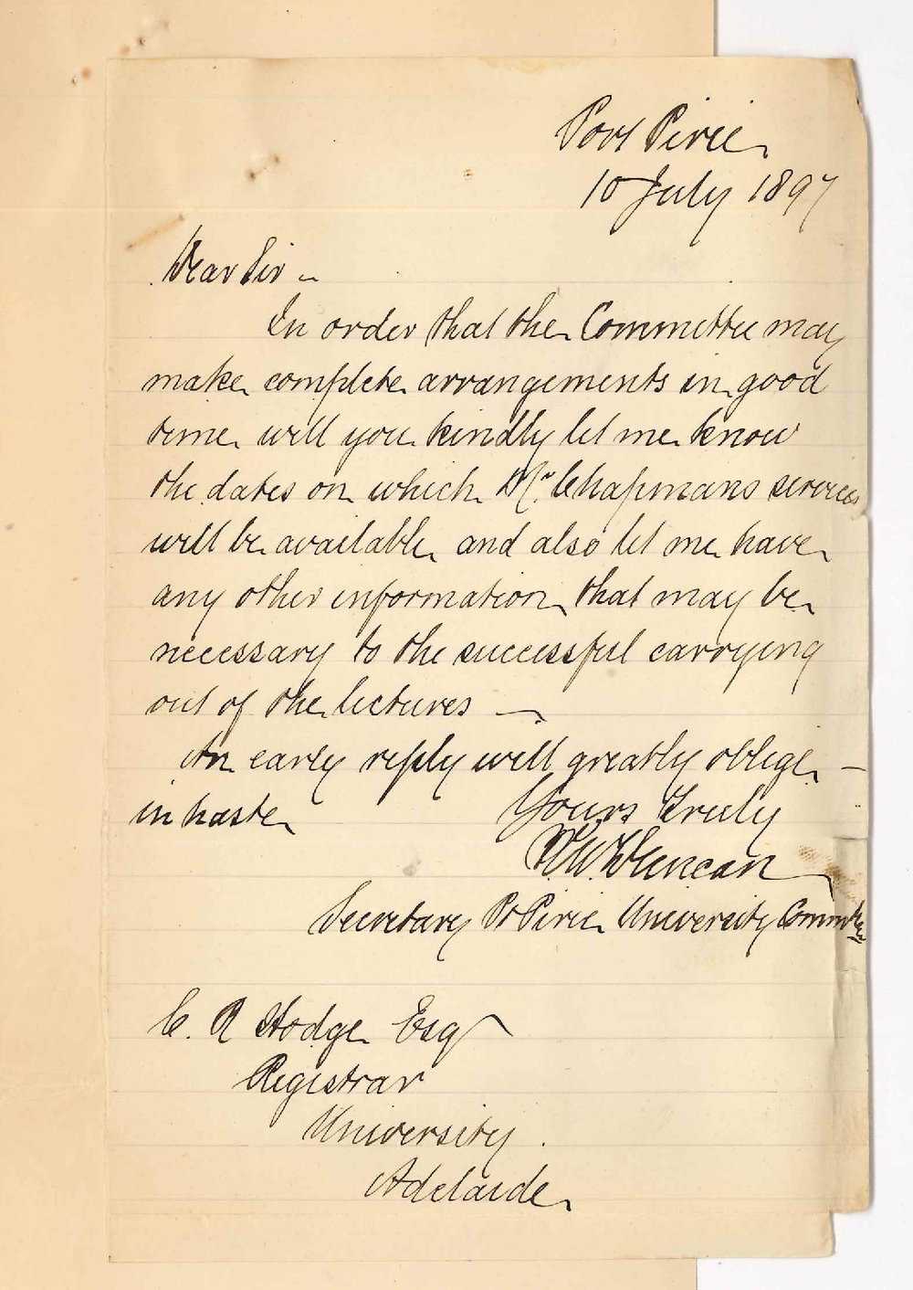 K W Duncan - Port Pirie - Re Extension Lectures at Port Pirie