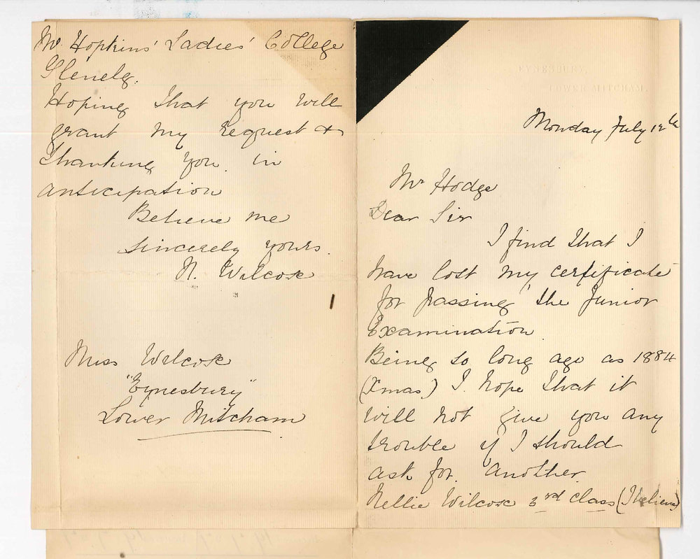 Miss Wilcox - Eynesbury - Lower Mitcham - Request for another Junior Certificate 1884