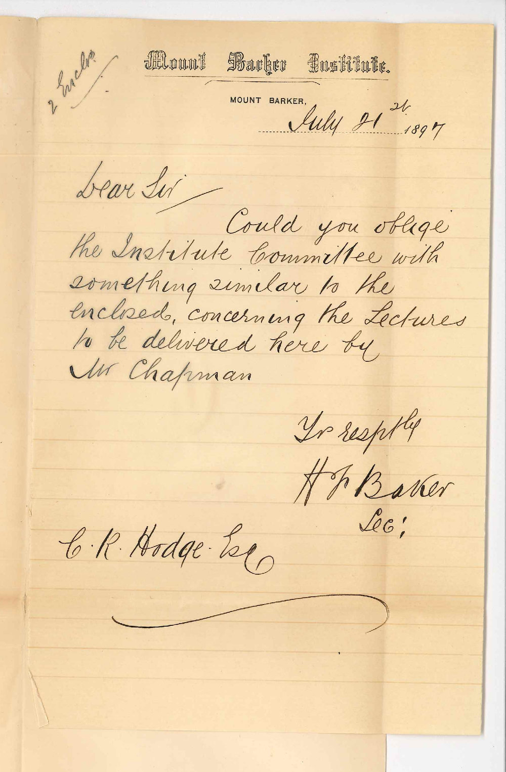 H F Baker - Secretary Mount Barker Institute Mount Barker - Extension Lectures