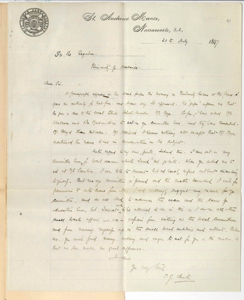 Reverend T J Smith - St Andrews Manse - Naracoorte - Re holding Exam at Naracoorte