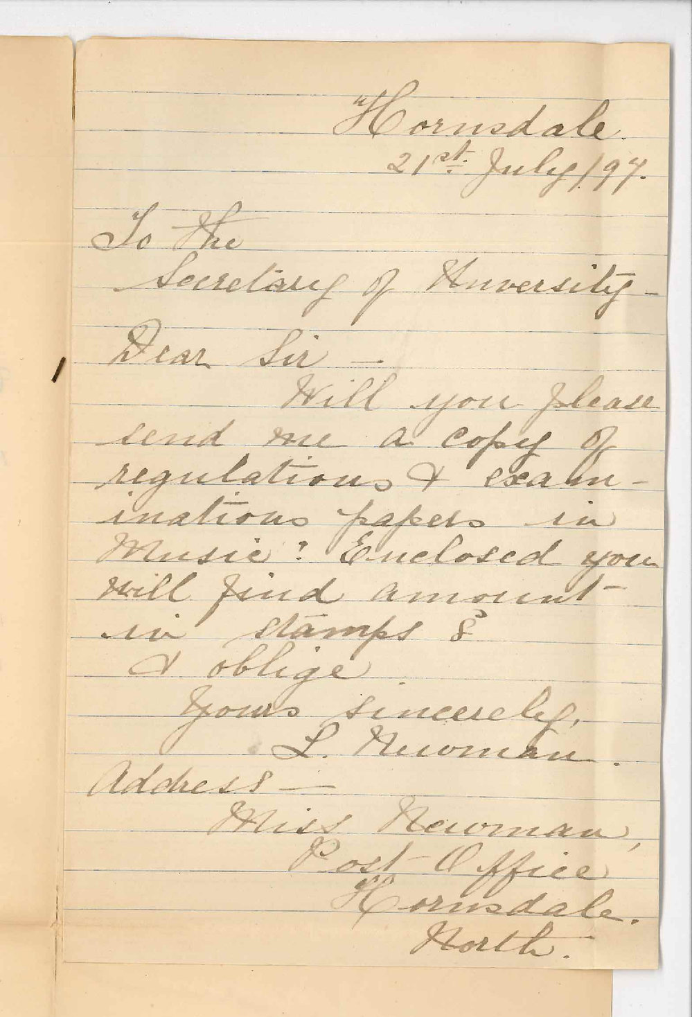 Miss Newman - Hornsdale - Request for Music Exam papers etc