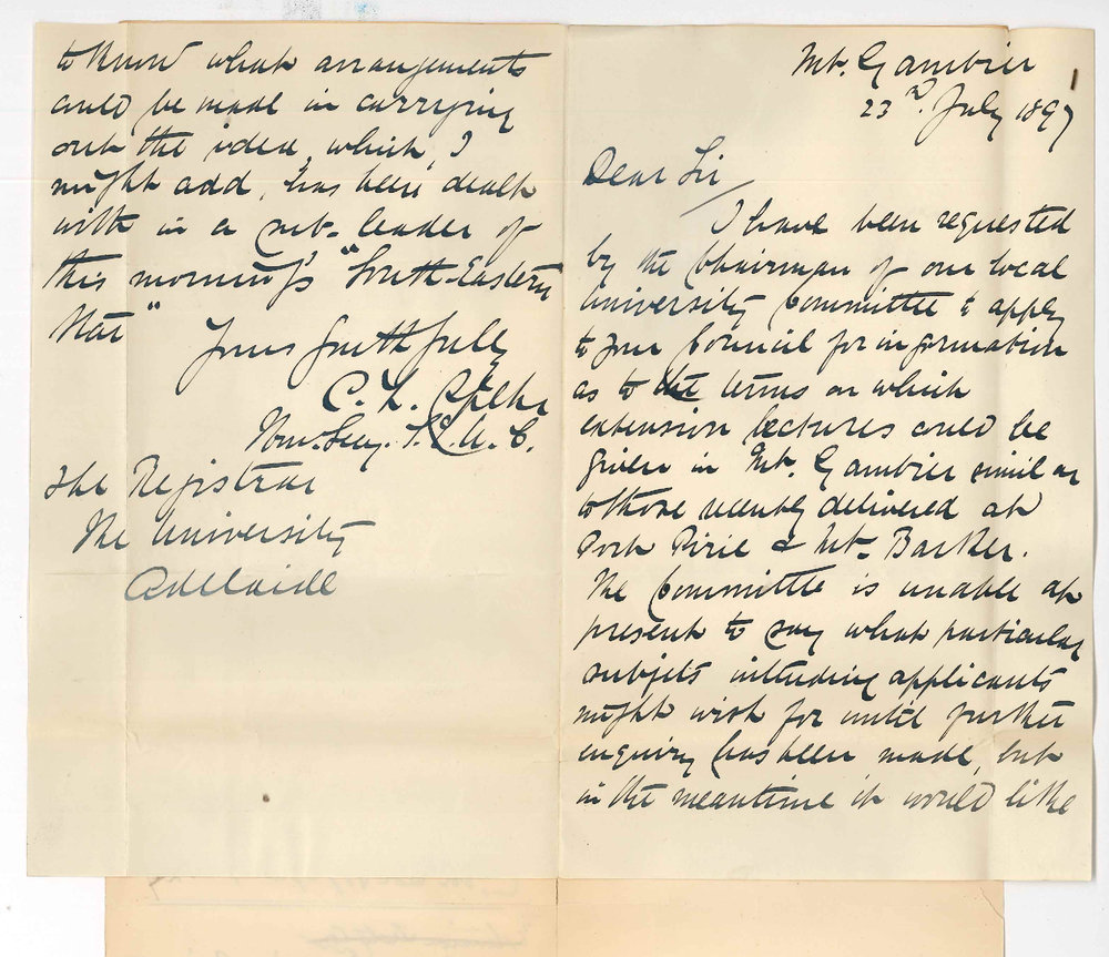 Carl Louis Spehr - Secretary - Mount Gambier University Committee - Mount Gambier - Information re Extension Lectures