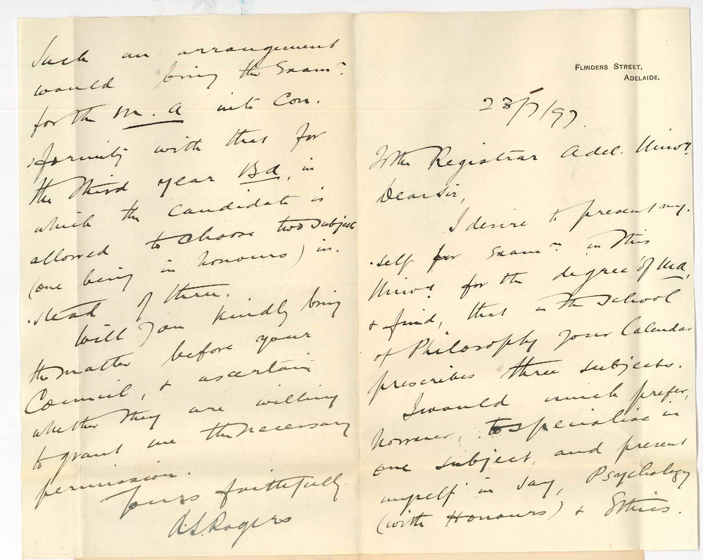 A S Rogers - Flinders Street Adelaide - Wishes to present himself for Exam for MA degree in two subjects only