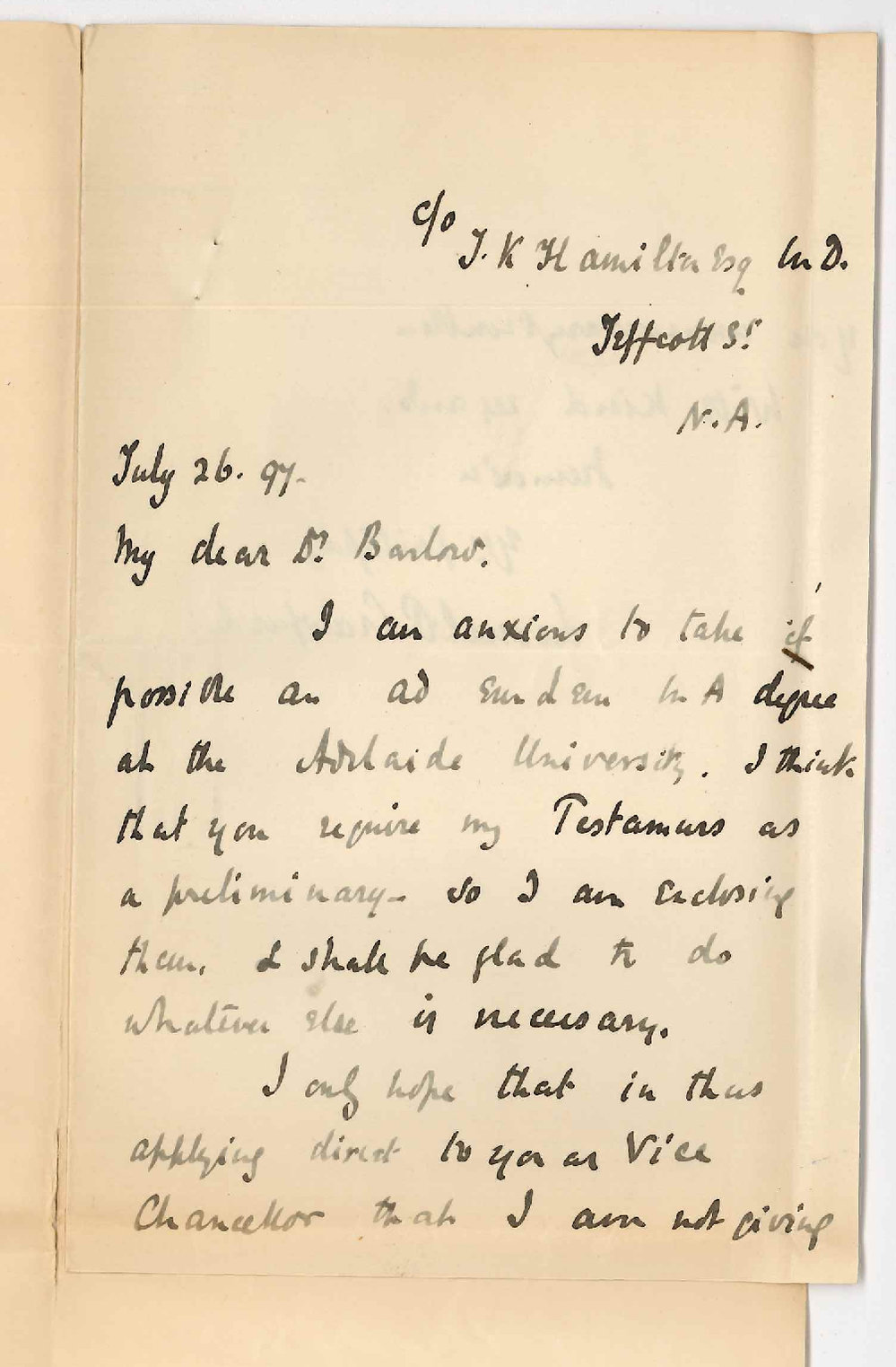 Lionel P Crawford - c/o Dr T K Hamilton - Jeffcott Street North Adelaide - Application for admission to MA degree ad eundem