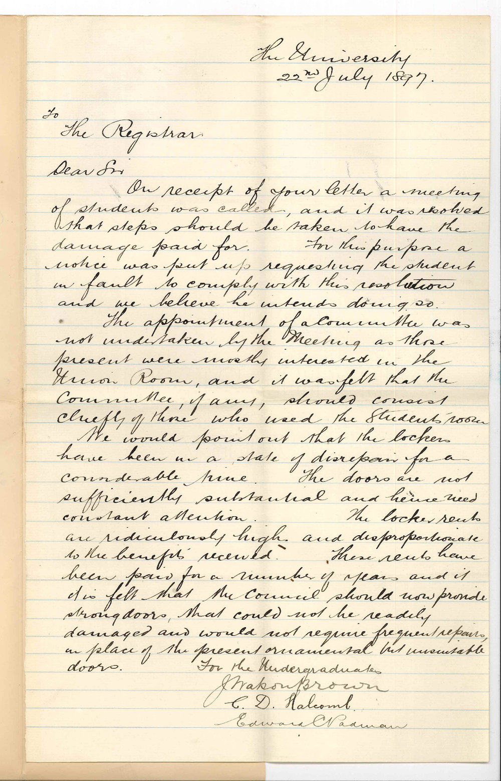 Edward Clyde Padman - Charles Digby Halcomb - James Watson Brown - Adelaide University - Re damage to University by Students