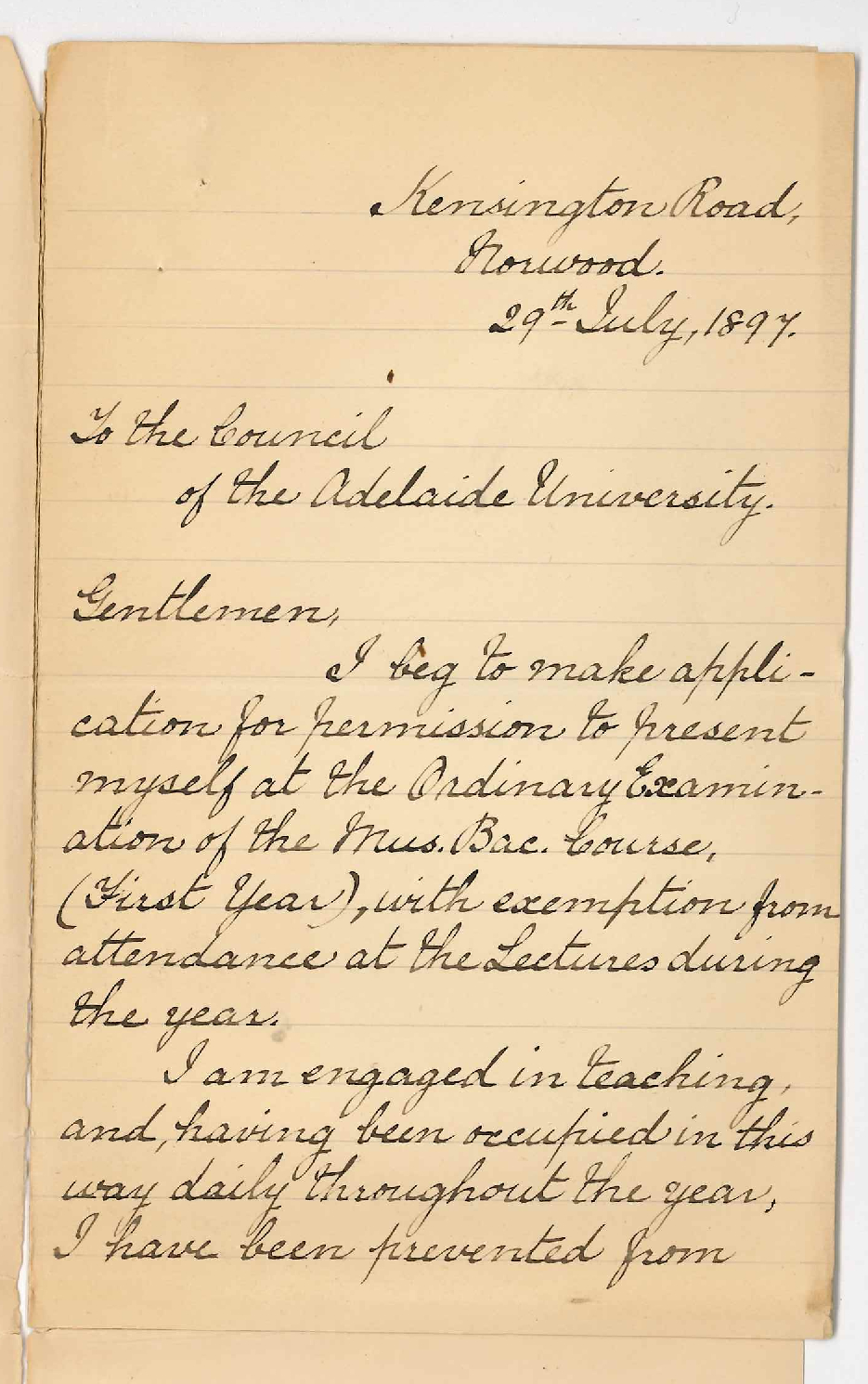 Miss Jane Drysdale Ure - Kensington Road Norwood - Application for exemption from Music Bachelor lectures